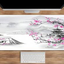 Cherry Blossom Watercolor Gaming Temple Mouse Pad - XL Extended Desk Mat With Non-Slip Rubber Base, Polyester, Rectangular, Ideal For Office And Home Use