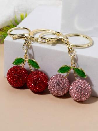 1 pieza Llavero de metal con forma de cereza personalizado con cristales de imitación, accesorio colgante de moda con forma de cereza para bolso, accesorios para automóvil, bolso, encanto, escuela, estilo gótico y Y2K