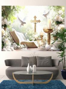 1 Stück florale Erste Heilige Kommunion Taufe Fotografie Hintergrund Gott segne weiße Blumen Friedenstauben goldenes Kreuz Partybanner 150 x 100 / 210 x 150 / 270 x 180 cm Hochzeit Babyparty Geburtstag Fotohintergrund für Innen- und Außenbereich Dekorationsbedarf