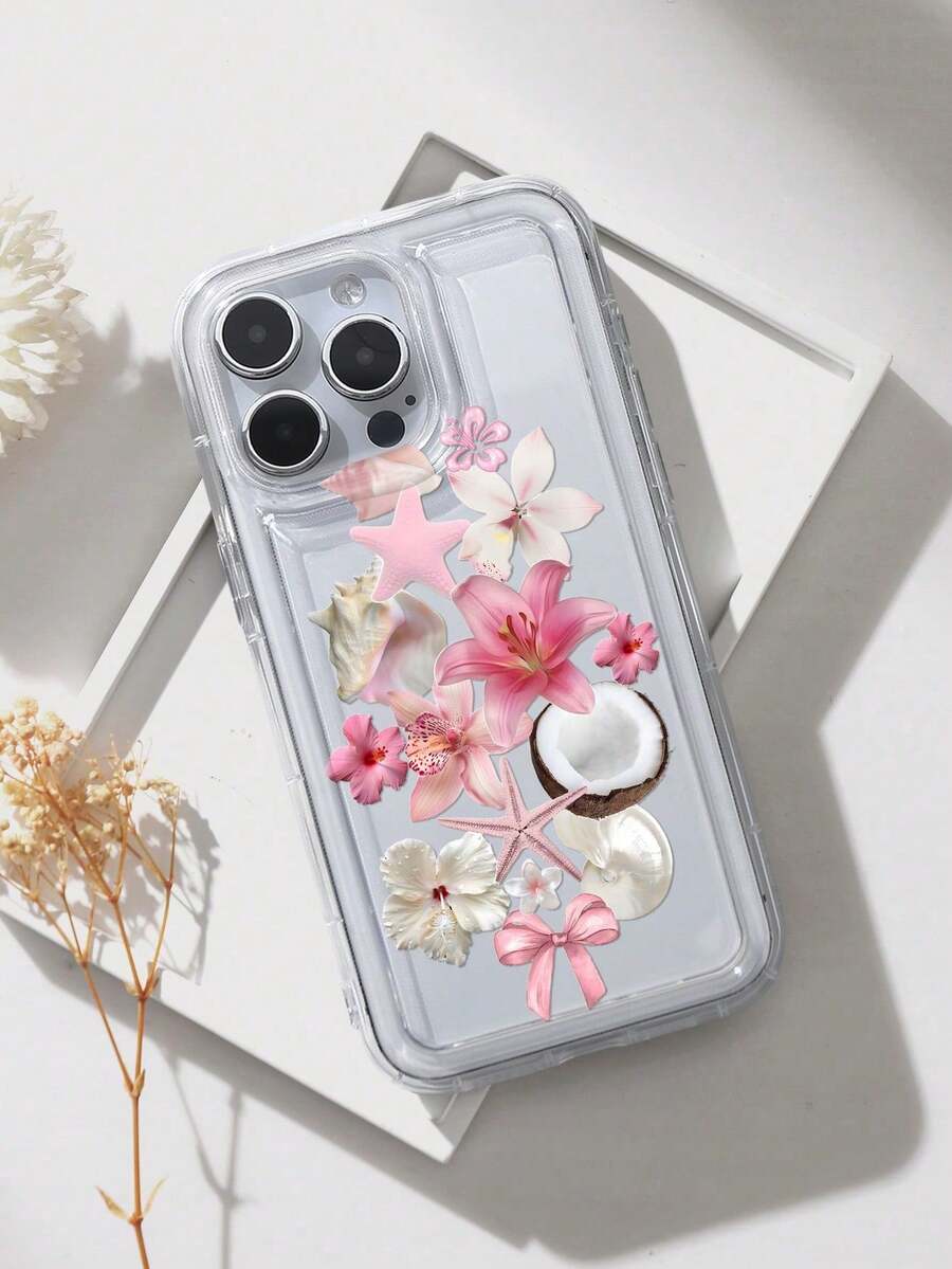 Funda para phone con diseño oceánico y estampado de coco y flores, transparente, compatible con phone S - Multicolor - Ver 1