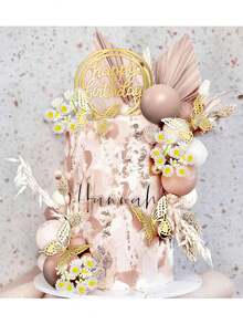 36 piezas Toppers de pastel en forma de bola rosa claro y blanco, mariposas doradas, Toppers de pastel de acrílico 'Feliz cumpleaños', flores margaritas artificiales, suministros para fiesta temática de flores margaritas, para bodas, bautizos, cumpleaños, Día de la Madre y despedidas de soltera. (Rosa) - oro rosado - Ver 4