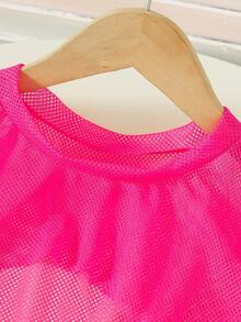 Bộ 3 món/bộ áo thun lưới không đối xứng phong cách thể thao thường ngày mùa hè cho bé gái tuổi teen, áo hai dây in hoa và quần short - Màu Hồng Tươi - Xem 3