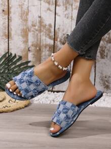 Women Slip-On Sandals, Casual Open Toe Flat Summer Shoes, Lightweight Slide Sandals