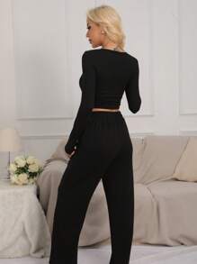 2pcs Set Women Long Sleeve Solid Color Top & Long Pants 2 Pieces Outfit, Spring Summer Autumn Winter