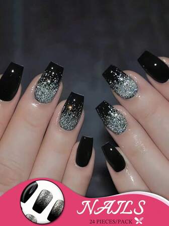 24片/套芭蕾风格按压式指甲，闪粉黑色设计，适合所有女性。舒适易用，持久耐用。内含果冻胶和指甲锉，打造美丽手指。派对、庆典和日常佩戴的理想之选。美甲用品