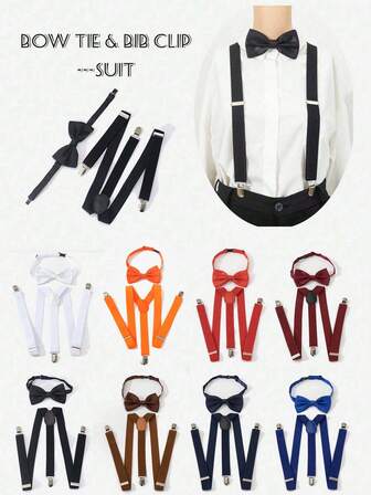 1 Set Unisex Black Simple Adjustable Bow Tie And Suspender Pants, Suitable For School, Daily Wear, Performance, Party, Back To School, Holiday Gift