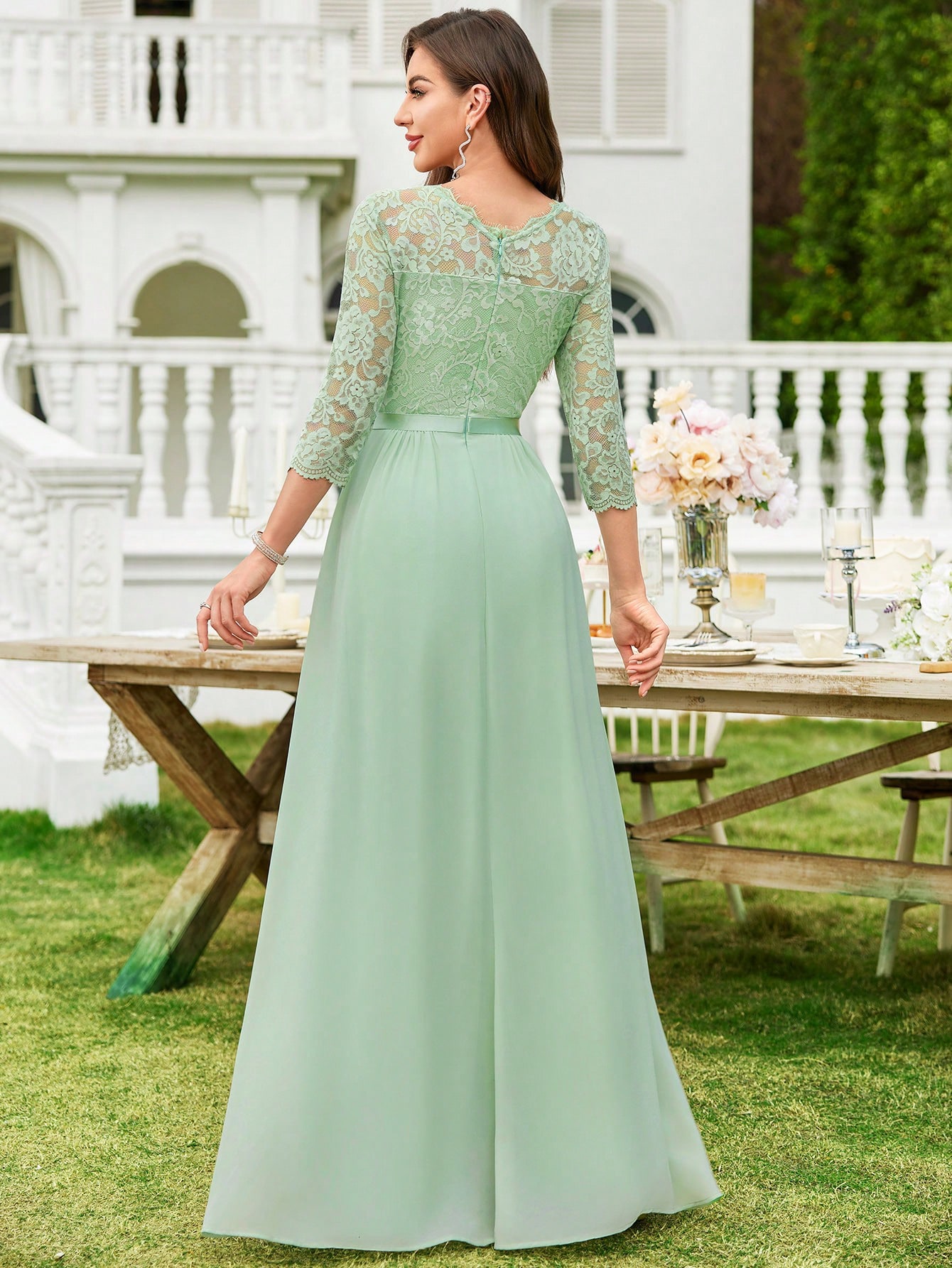 MIUSOL فستان ماكسي مع كشكشة من الشيفون والدانتيل ا...