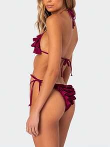 Womens Bikini Swimsuits 2 Pcs Set Solid Multi-Layered Ruffled Stylish Halter Neck Bikini Bathing Suit - Burgundy - View 4