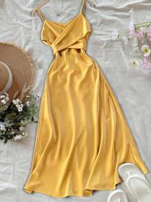 Women's Elegant V-Neck Tie Waist Satin Shiny Charming Sleeveless Dress For Spring/Summer, Ramadan