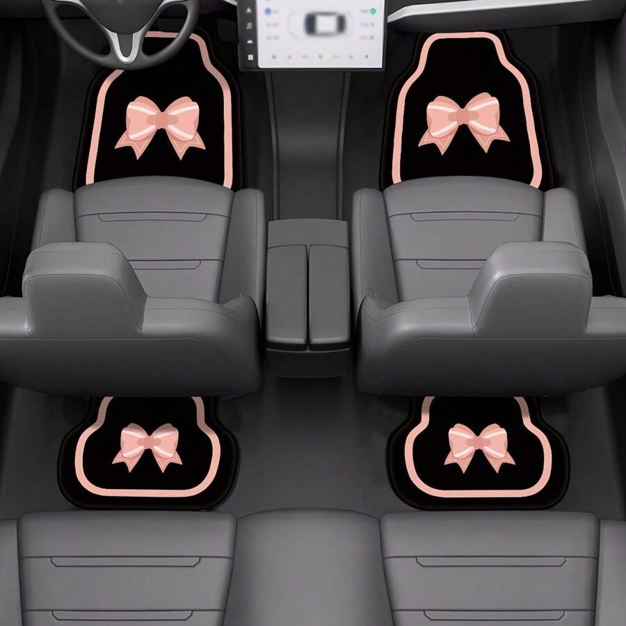 4pcs Car Floor Mats, Adorned With Cute Pink Bow Design, Durable Polyester Material, Easy To Clean, Front And Rear Mats For Complete Car Interior Protection, Auto Accessories
