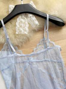 2 piezas Conjunto de lencería sexy, camisón transparente de malla vaporosa, ropa de dormir seductora para mujeres - Celeste - Ver 4