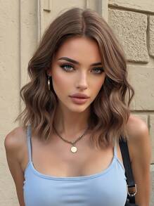 High Quality 12-Inch Medium-Length Chocolate Brown Curly Hair Without Bangs Elegant Ladies Synthetic Heat-Resistant Fiber Wig For Vacation,Mother's Day,Daily Use