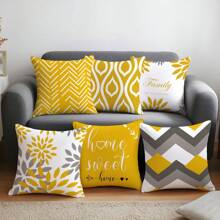 6 pièces Jeu de housses de coussin minimalistes "Home Sweet" jaunes géométriques quotidiennes, imprimé simple face en velours pêche doux, 45 * 45 cm / 50 * 50 cm pour la maison, la fête, la décoration, les cadeaux