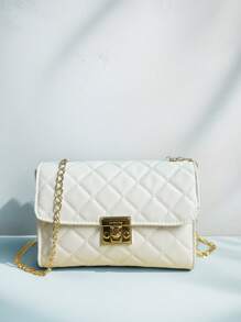 1pc Elegant White Diamond Grid Shoulder Bag, Minimalist White Diamond Pattern Design With Shiny Metal Lock And Chain, Chic & Romantic French Style, Soft Texture Diamond Grid White Handbag, Exudes Spring Fashion Vibe, Lightweight Crossbody Bag