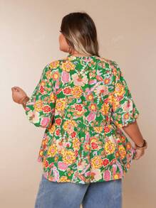 Plus Size Women Casual Floral Print Ruffle Collar Tie Waist 3/4 Lantern Sleeve A-Line Blouse Shirt, For Summer