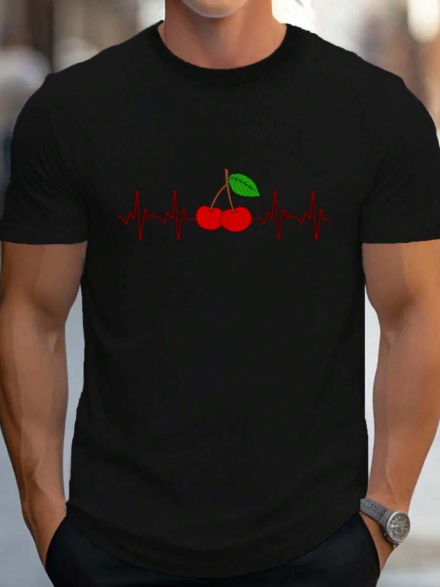 Camiseta gráfica 100% algodón con estampado de cerezas lindas para hombres y niños, camiseta gráfica casual con dibujo de cerezas rojas - Negro - Ver 1
