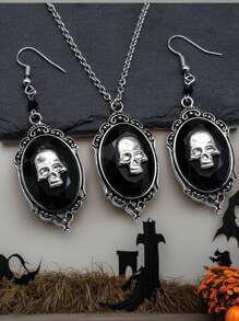 1 par de pendientes colgantes vintage estilo gótico con cabujón de cristal en relieve negro, pendientes con gota de calavera de bruja de Halloween, joyería de estilo victoriano de moda como regalo para mujeres y niñas