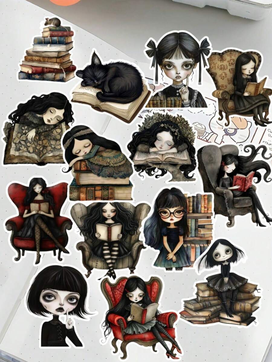 17 pezzi/18 pezzi Adesivi decorativi d'arte, ragazza divertente e vivace con trecce a doppia ciambella/lettrice gotica, adatti per scrapbooking artigianale, album, pianificatore, diario, cancelleria vintage, ideali per ritagli, diari, laptop, progetti fai-da-te