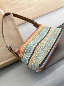 New Fashion Large Capacity Luxury Rainbow Woven Underarm Bag, High-Quality Relaxed Style Beach Play Simple Shoulder Bag