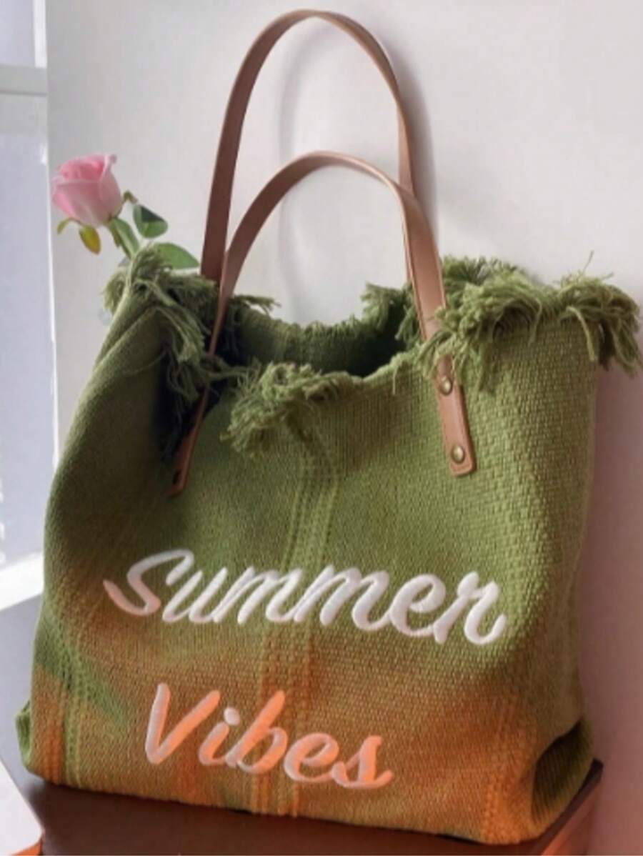 Grand Sac Fourre-tout en canevas avec Décoration de Gland Lettre, Simple Sac à Main à Épauler Pour Le Trajet et Les Courses