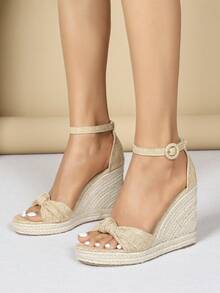 Women's Fashion Wedge Sandals, Round Toe Sandals, Rope Bottom Thick Sole Sandals, Nude Strap Sandals, Solid Color Summer Outdoor Sandals, Minimalist Apricot Sandals With Twist & Knot, Open Toe, Sexy - Apricot - View 5