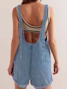 Women's Summer Pocketed Adjustable Strap Washed Denim Overalls - Baby Blue - View 4