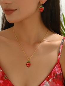 3pcs Set Summer Elegant Metallic Delicate Cherry Necklace & Earrings Jewelry Set, Suitable For Daily Wear Or Gift
