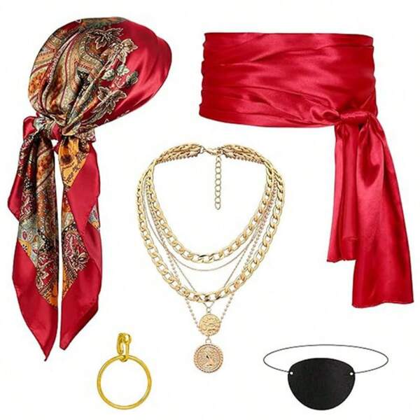 5pcs Pirate Costume Accessories Set, Includes Women's Pirate Hat, Pirate Scarf, Pirate Belt, Jumpsuit Accessories And Multicolor Halloween