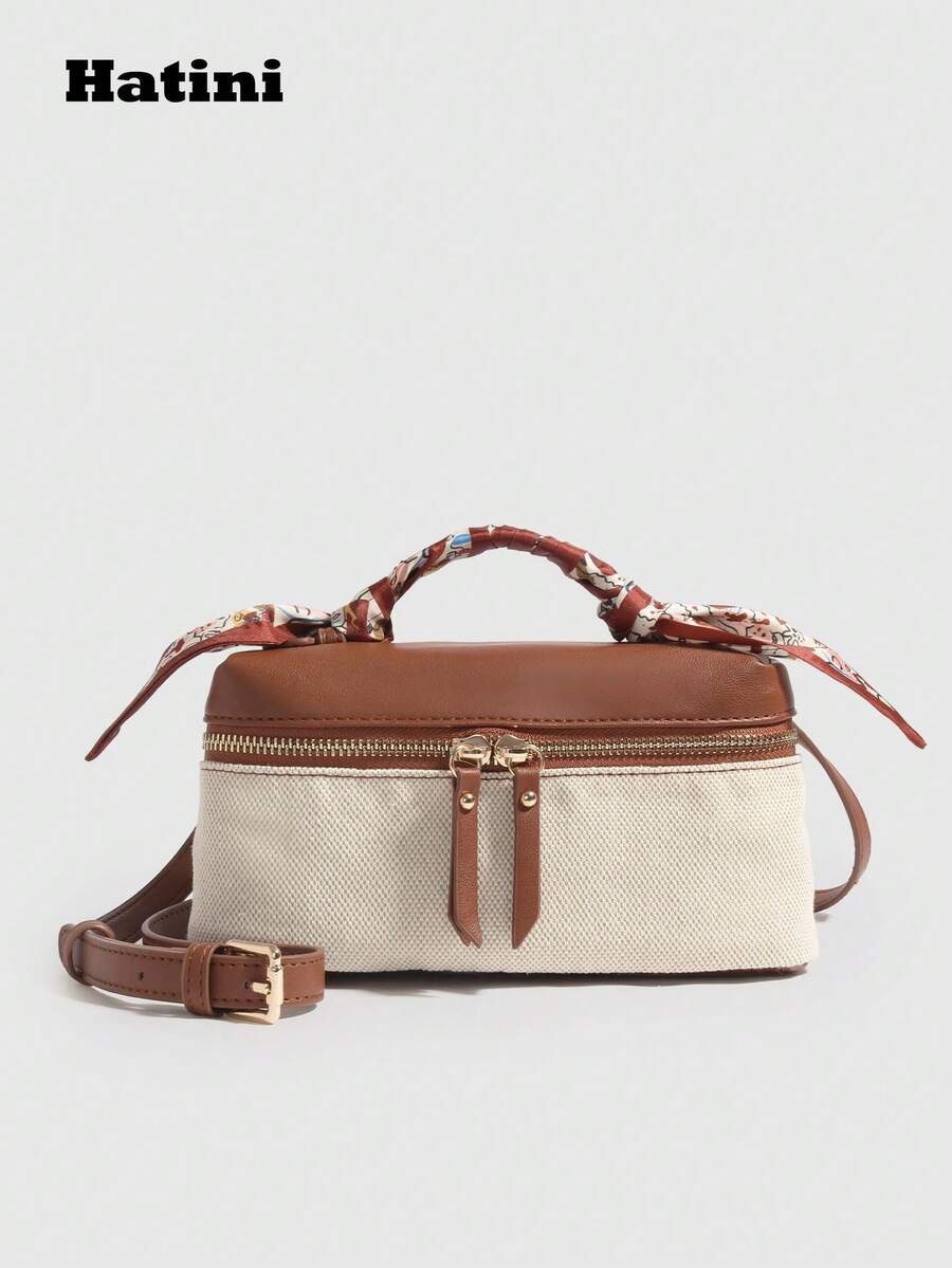 HATINI Niche Design Fashion Handbag, Elegant Box Bag, Patchwork Color Blocking Crossbody Bag, Compact Phone Pouch Shoulder Bag, Suitable For Women Working, Commuting, Dating, Shopping, Leisure, Beach, Music Festival, Party - Brown - View 1