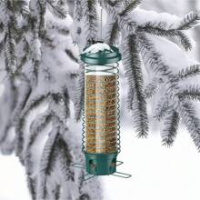 1pc Outdoor Metal Hanging Squirrel-Proof Bird Feeder - Cage Design Dispenser With 4 Feeding Ports, Easy To Refill Tube For Various Seed Types, Durable Bird Attraction Ornaments Device - For Bird Lovers & Nature Enthusiasts