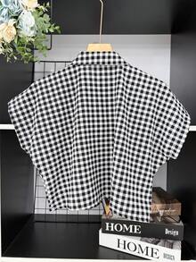 ELLIE Casual Striped Print Loose Cropped Shirt - 黑白格子 - 查看 4