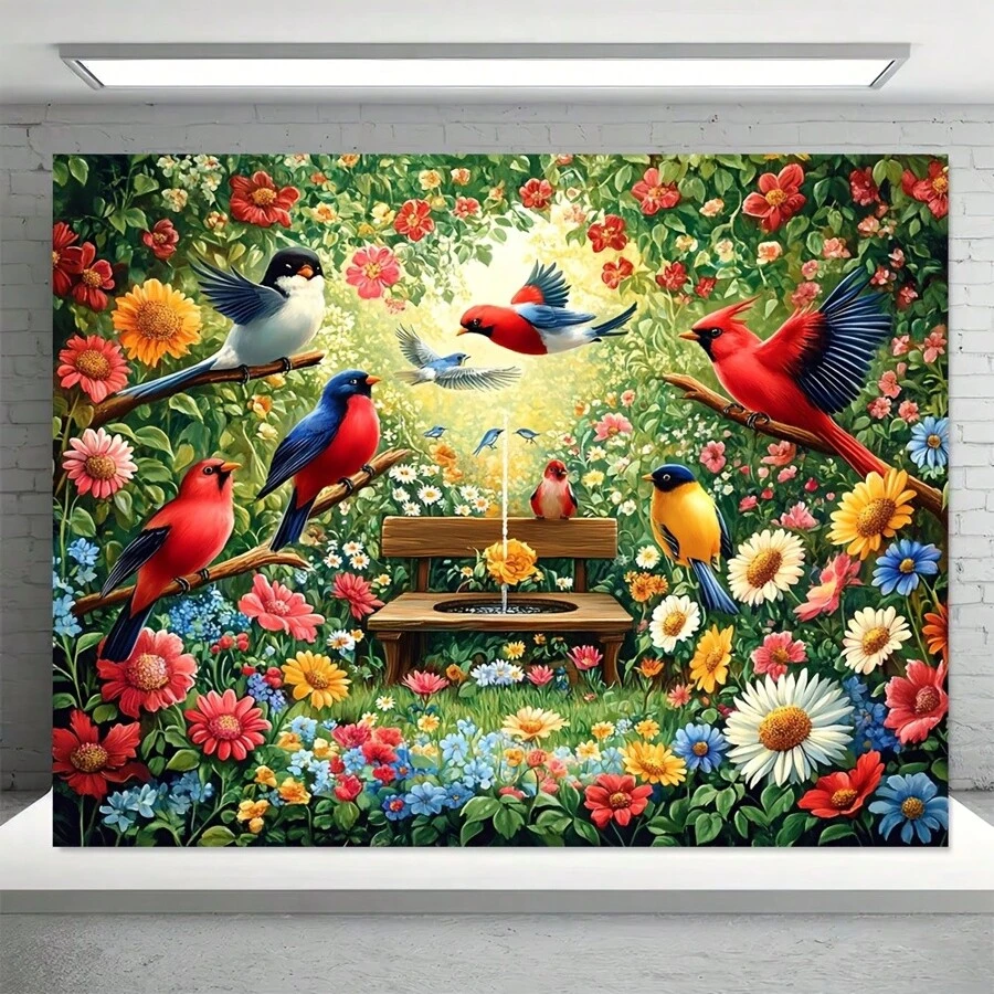 1 pieza de decoración de pared de escena vibrante del bosque de primavera, hecha de fibra de poliéster, sin necesidad de electricidad, con pájaros coloridos y flores en floración, perfecta para el ambiente familiar y de fiesta