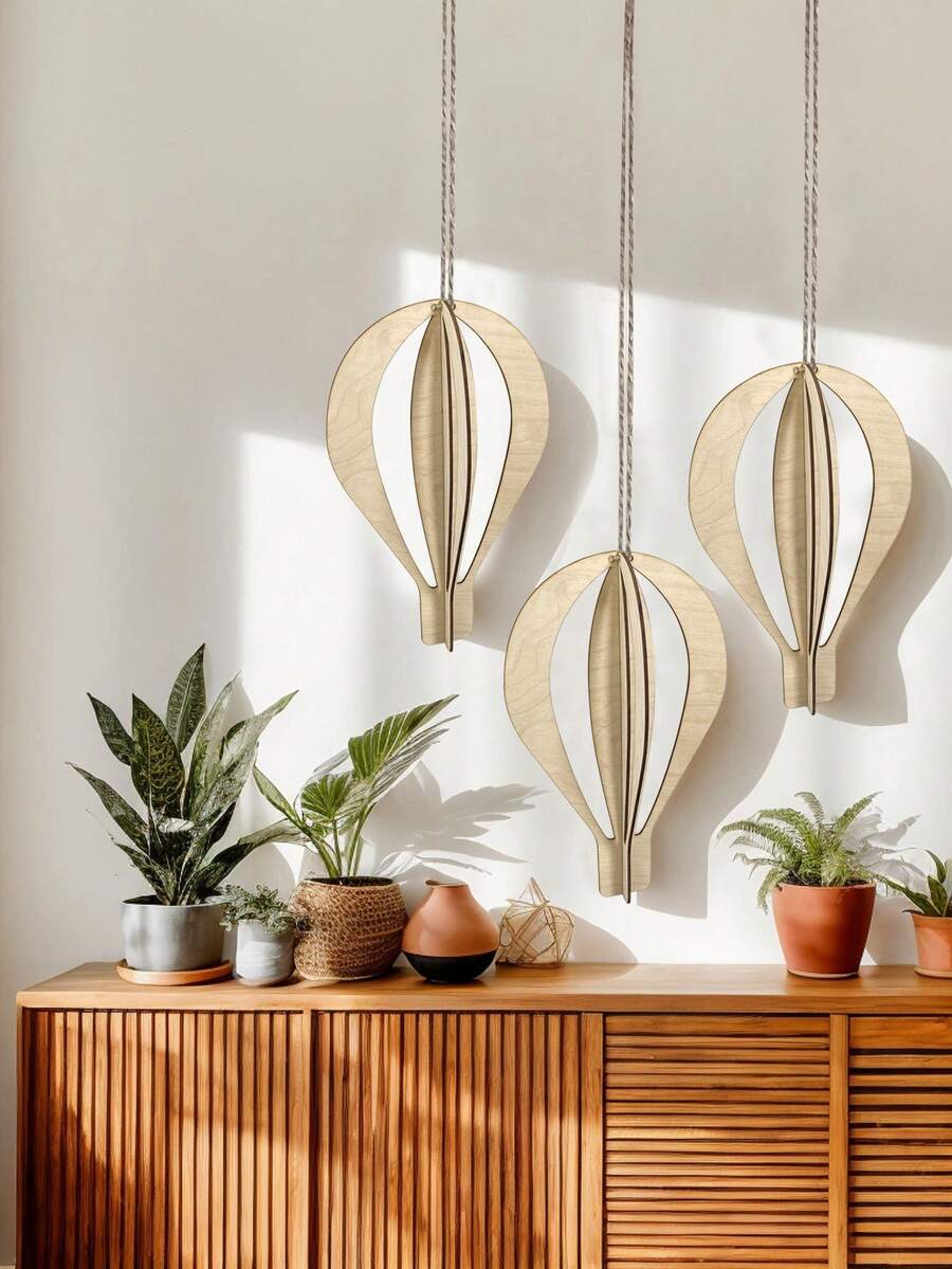 3pcs/Set Wooden Hot Air Balloon, 3D Effect Birch Wood Wall Decor For Children's Room, Kindergarten, Creative Wall Decoration - Multicolor - View 1