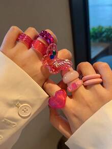 9Pcs Fuchsia Pink Butterfly & Heart Combo Ring Set, Personalized Layered Fashion Rings, Gift Idea For Women, Girls, Friends - Suitable For Daily Wear, Party, Travel