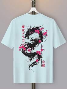 Camiseta Y2K con gráfico de dragón y escritura japonesa para hombres anime