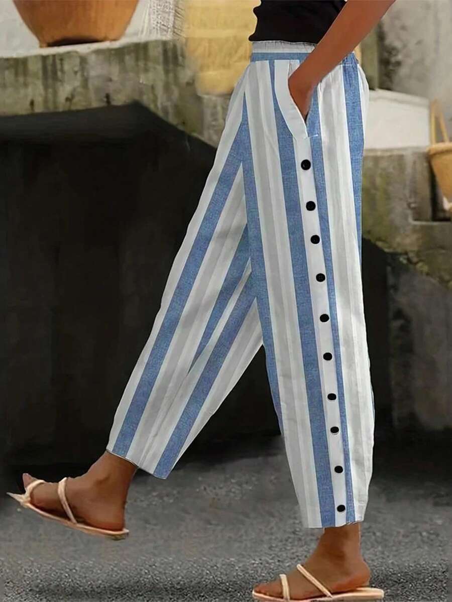 Non-Positioning Print Women Buttoned Striped Casual Cropped Pants - Blue - View 1
