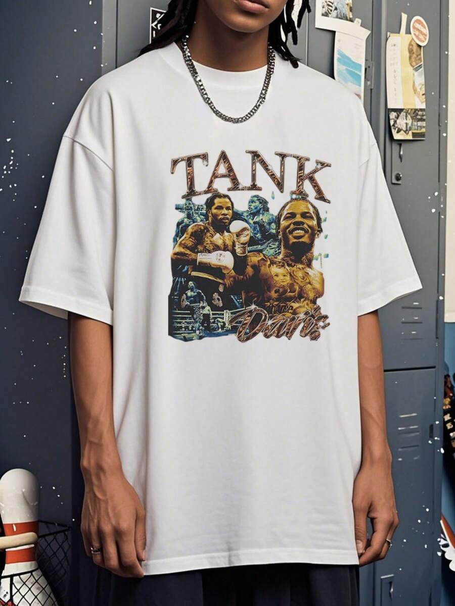 Camiseta con estampa de un boxeador y el nombre "TANK Davis", 100% algodón de 220g, para fans de boxeo y deportes - Blanco - Ver 1