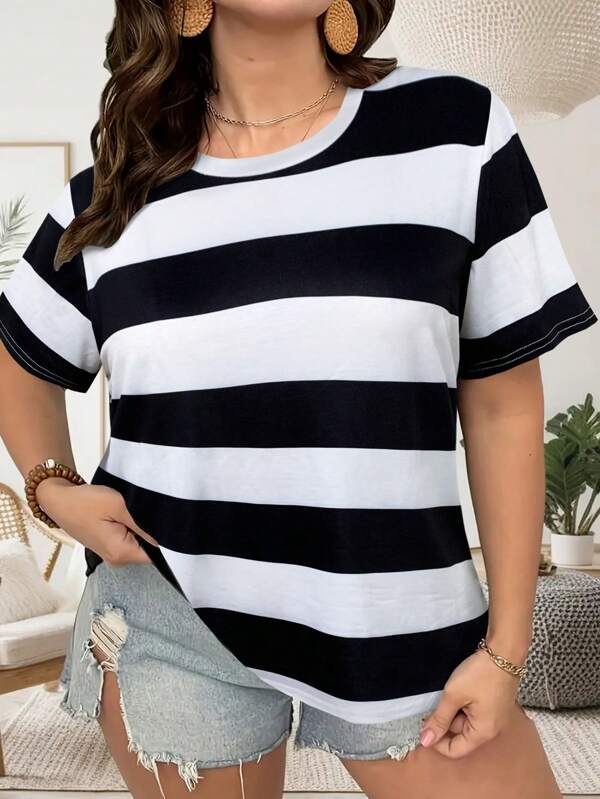 Women's Plus Size Striped Printed Round Neck Short Sleeve Casual T-Shirt Summer Outfits For Women,Leisurely Tops For Women Summer Clothes