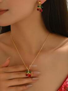 3pcs Set Summer Elegant Metallic Delicate Cherry Necklace & Earrings Jewelry Set, Suitable For Daily Wear Or Gift