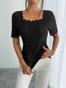 1 件纯色蕾丝拼布镂空方领短袖 T 恤，夏季休闲装
