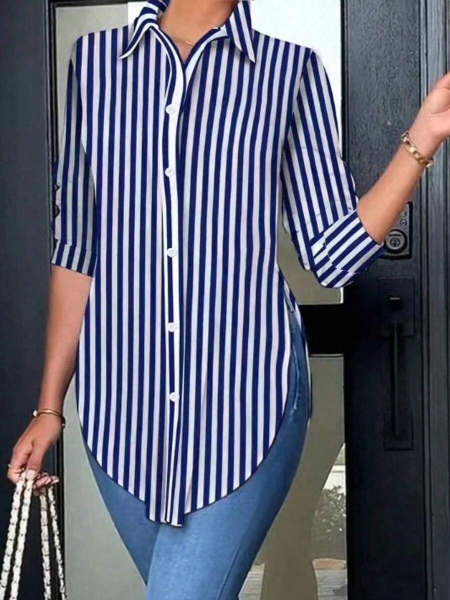 Women's Solid Color Front Button Asymmetric Hem Slit Casual Long Sleeve Blouse Spring - Blue and White Stripes - View 1