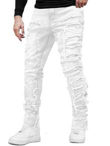 Men's Regular Fit Stacked Jeans Ripped Skinny Distressed Destroyed Straight Denim Pants Streetwear - trắng - Xem 1