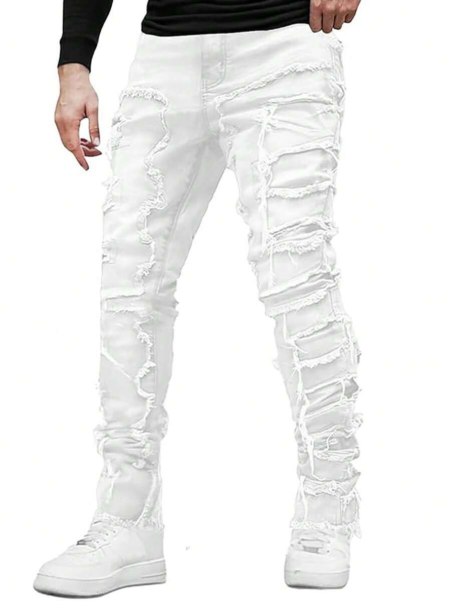 Men's Regular Fit Stacked Jeans Ripped Skinny Distressed Destroyed Straight Denim Pants Streetwear - trắng - Xem 1