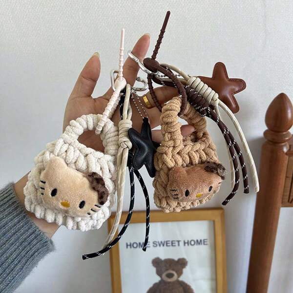 1 pièce Pendentif de sac Sanrio - Sac de rangement d'écouteurs Bluetooth avec imprimé peau de léopard noir tissé, décoration suspendue style Miu avec cordon de suspension (petit portefeuille en tricot + décoration suspendue)