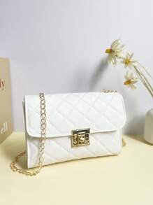 1pc Elegant White Diamond Grid Shoulder Bag, Minimalist White Diamond Pattern Design With Shiny Metal Lock And Chain, Chic & Romantic French Style, Soft Texture Diamond Grid White Handbag, Exudes Spring Fashion Vibe, Lightweight Crossbody Bag