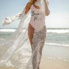 Women Cover Up, Lace Ankle Length Cardigan Bikini Cover Up, Solid Color Long Sleeve See Through Kimono Dress With Waist Belt - White - View 2