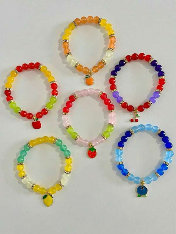 1pc Summer Fruit Beaded Bracelet, Includes Apple, Strawberry, Blueberry, Cherry, Lemon, Orange Alloy Pendants, Suitable For Women Jewelry Gift, Holiday, Party, Daily Wear