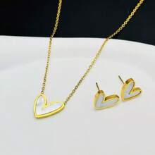 1 Set minimalistischer persönlicher kleiner weißer Muschel Herz Edelstahl Halskette und Ohrringe Schmuckset, geeignet für den täglichen Gebrauch von Frauen, Partys oder als Muttertagsgeschenk