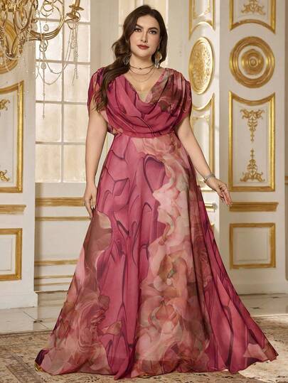 SUPGIR Plus Size Cowl Neck Watercolor Print Chiffon Flowy Party Evening Dress, Formal, Gown, For Wedding Guest