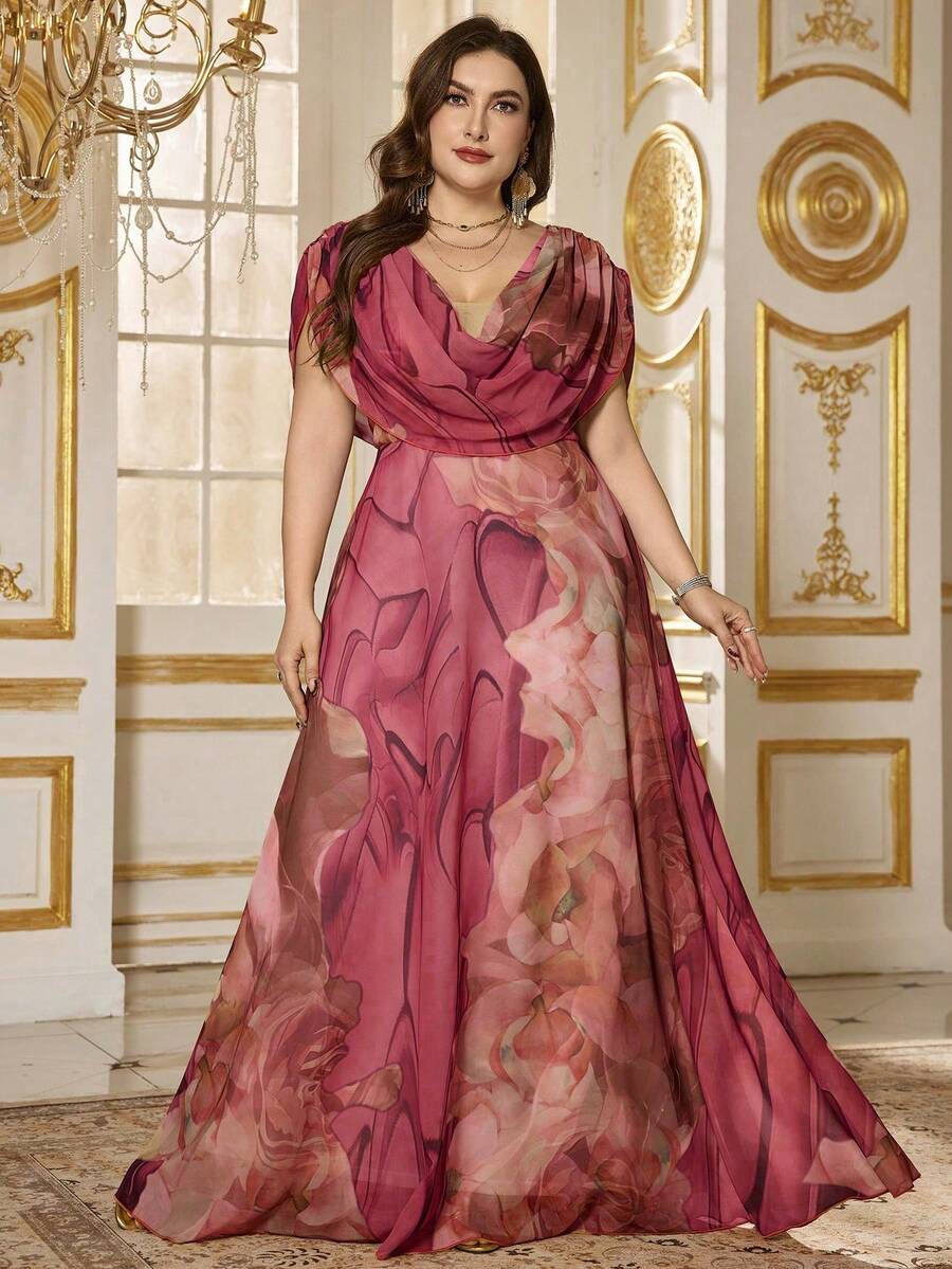 SUPGIR Plus Size Cowl Neck Watercolor Print Chiffon Flowy Party Evening Dress, Formal, Gown, For Wedding Guest - Màu đỏ tím - Xem 1